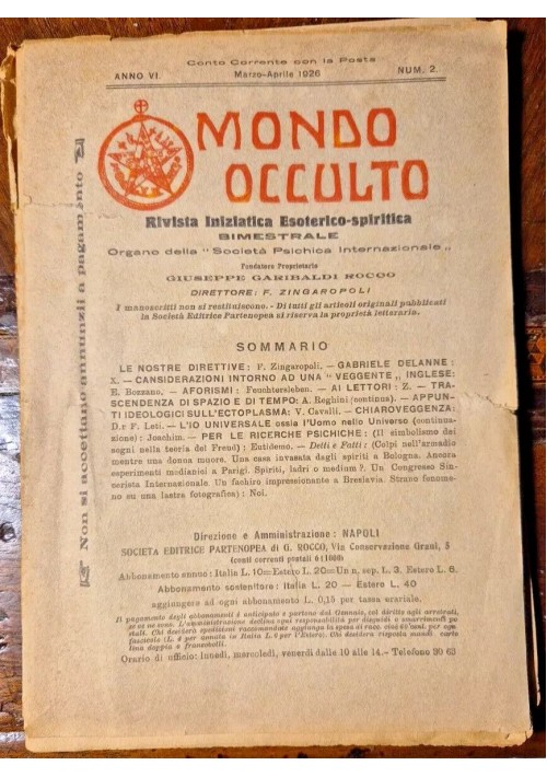 MONDO OCCULTO rivista iniziatica esoterico spiritica 2 1926 Bozzano Zingaropoli